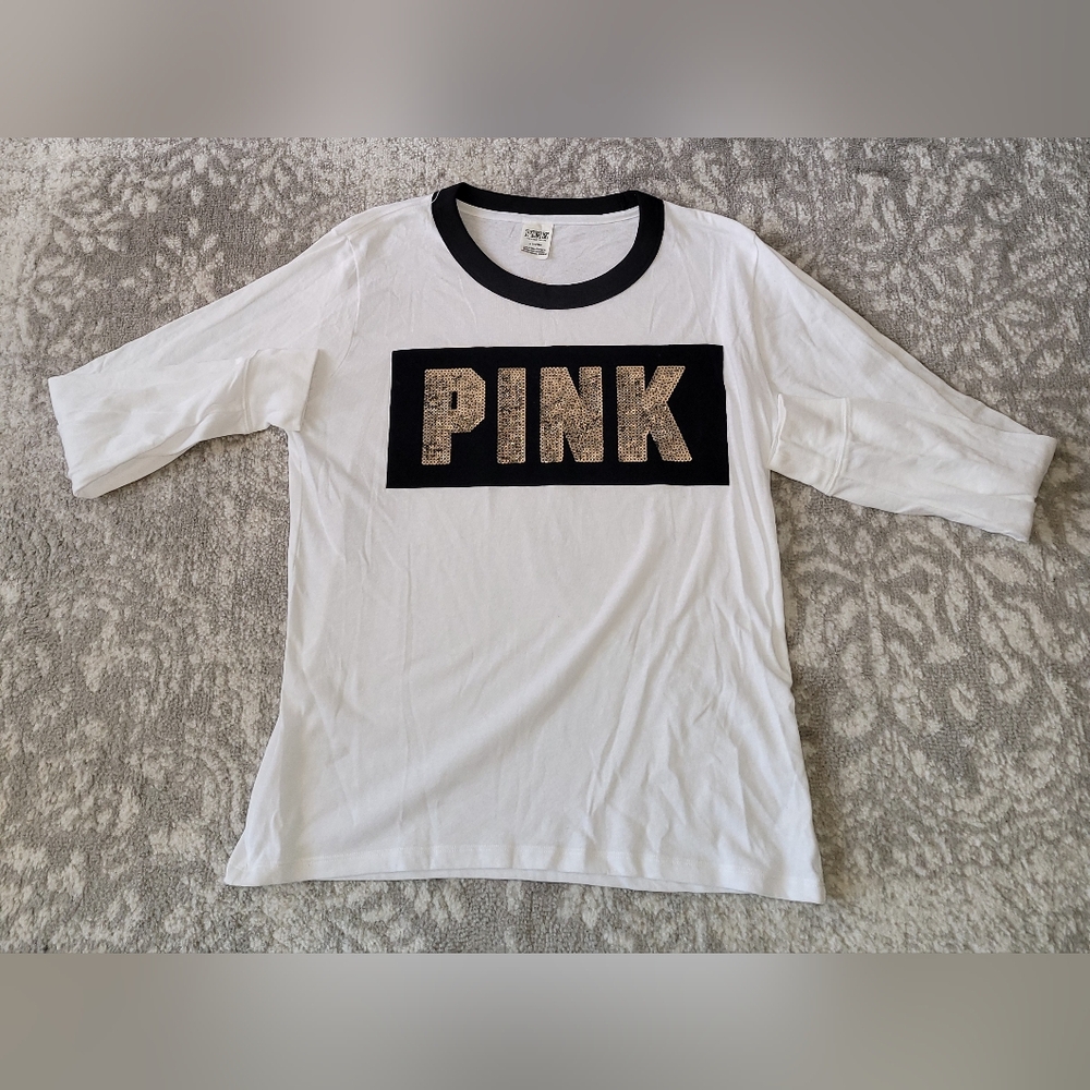 Victoria's Secret Pink Long Sleeve White T-Shirt w/Gold Sequin Pink Print Medium